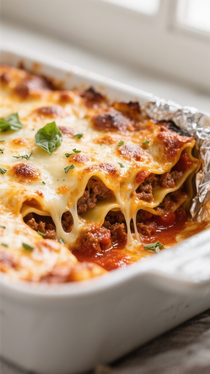 Close-up detail: A bubbling, golden-brown lasagna corner just after the foil is removed, cheese blis