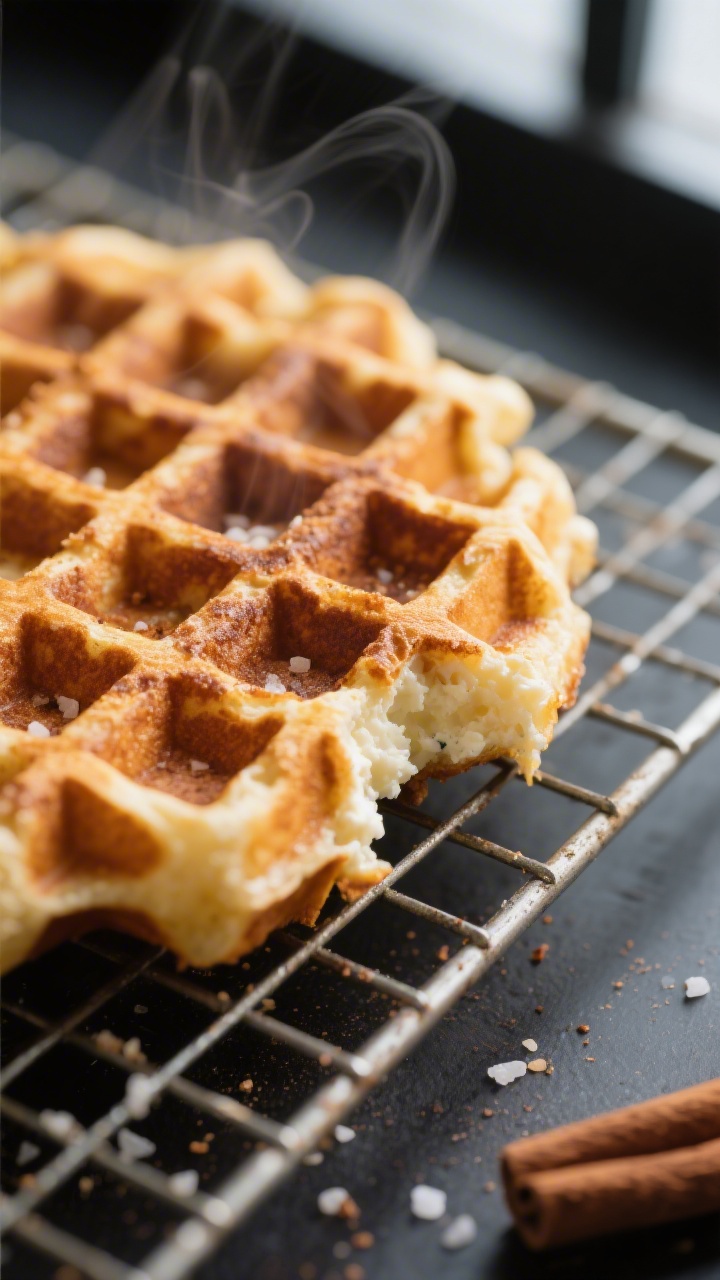 Close-up detail: A golden, freshly cooked cottage cheese waffle resting on a wire rack to keep crisp