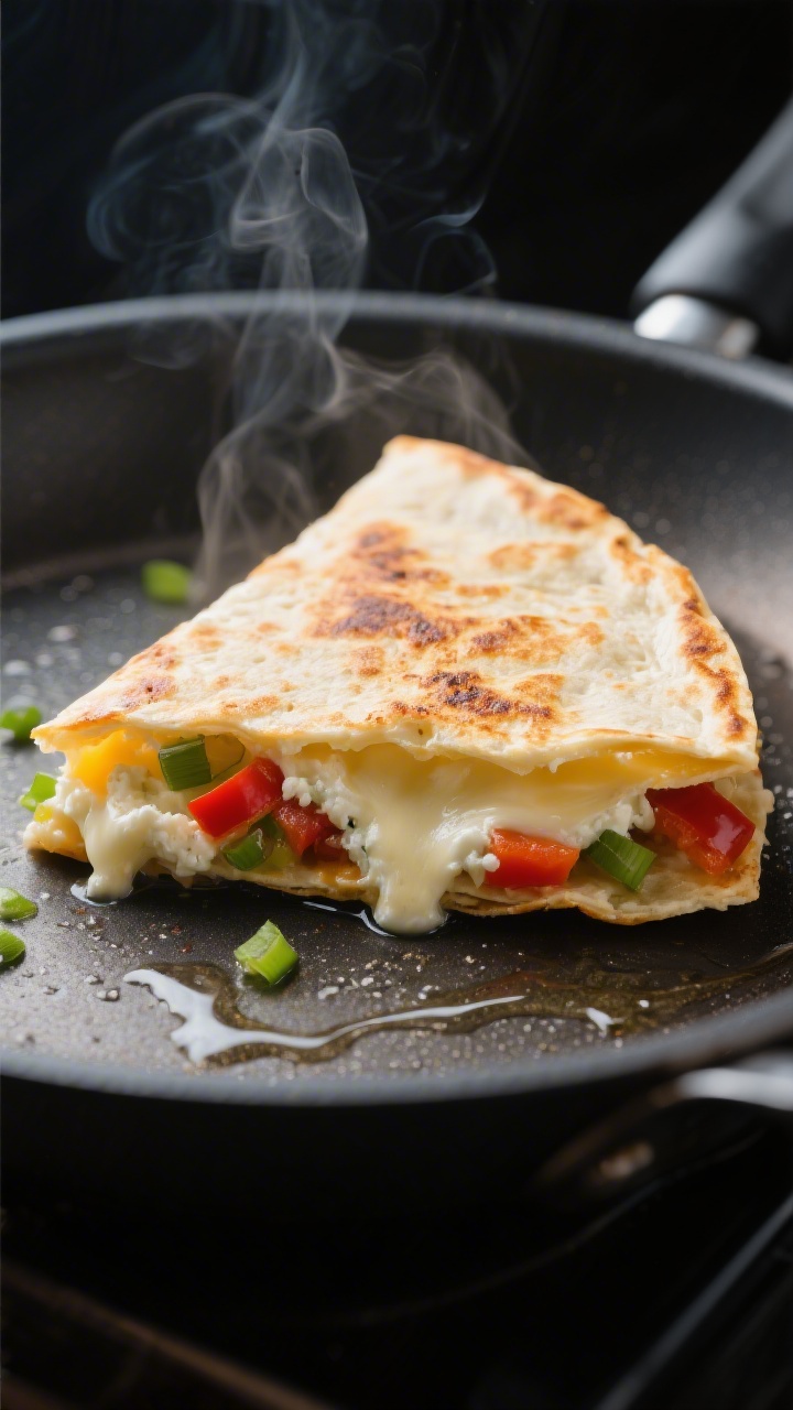Close-up detail: A just-cooked cottage cheese quesadilla half-moon in a nonstick skillet, first side