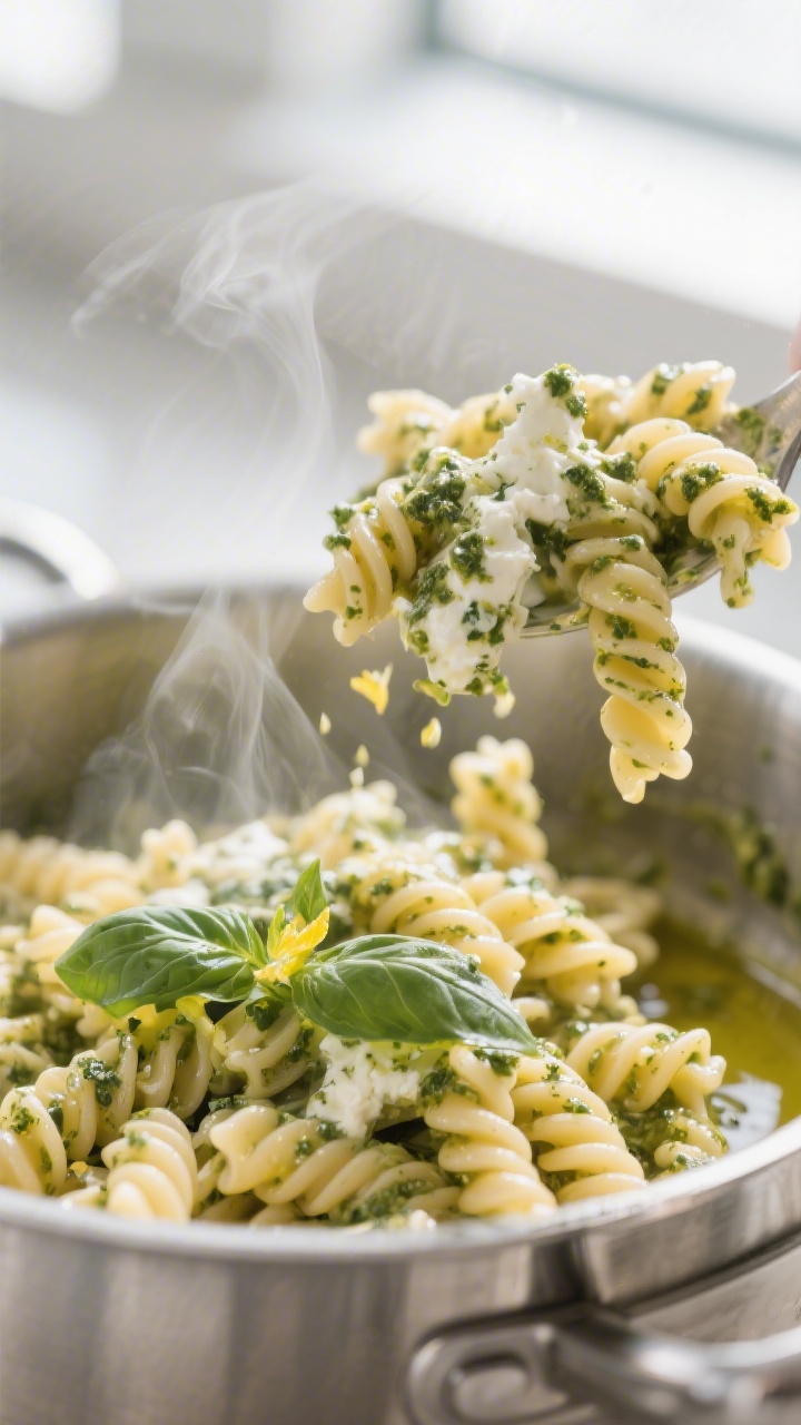 Close-up detail: Creamy cottage cheese–pesto sauce coating al dente fusilli, captured mid-toss in