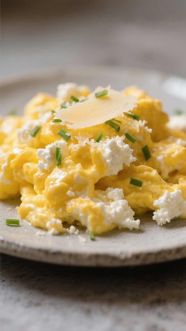 Close-up detail — creamy curd integration: Extreme close-up of fully cooked, tender scrambled eggs