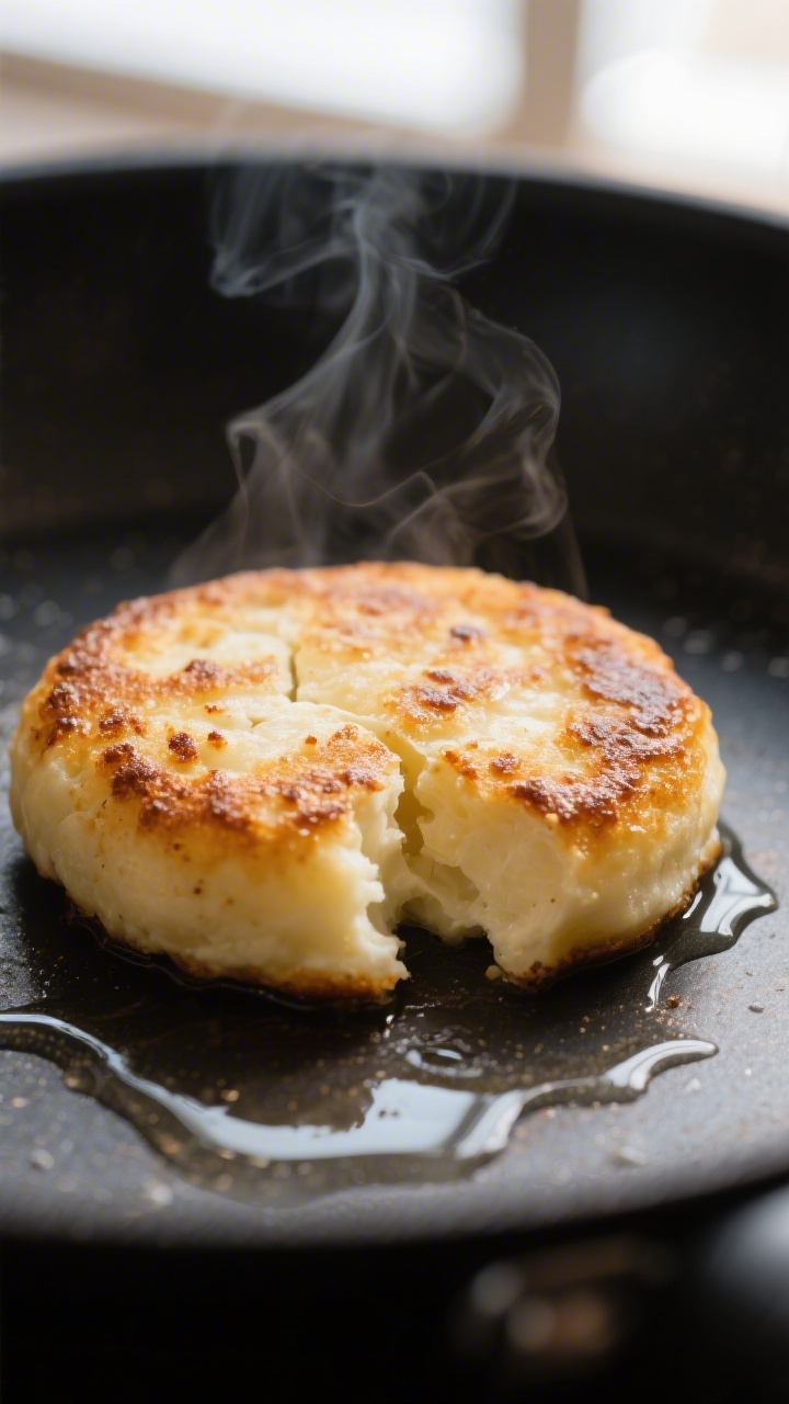 Close-up detail: Golden-brown syrniki just out of the pan, showing a lightly crisp, caramelized crus