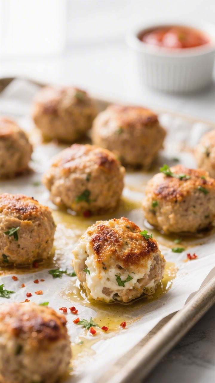 Close-up detail: Golden-browned cottage cheese turkey meatballs just out of the oven on a parchment-