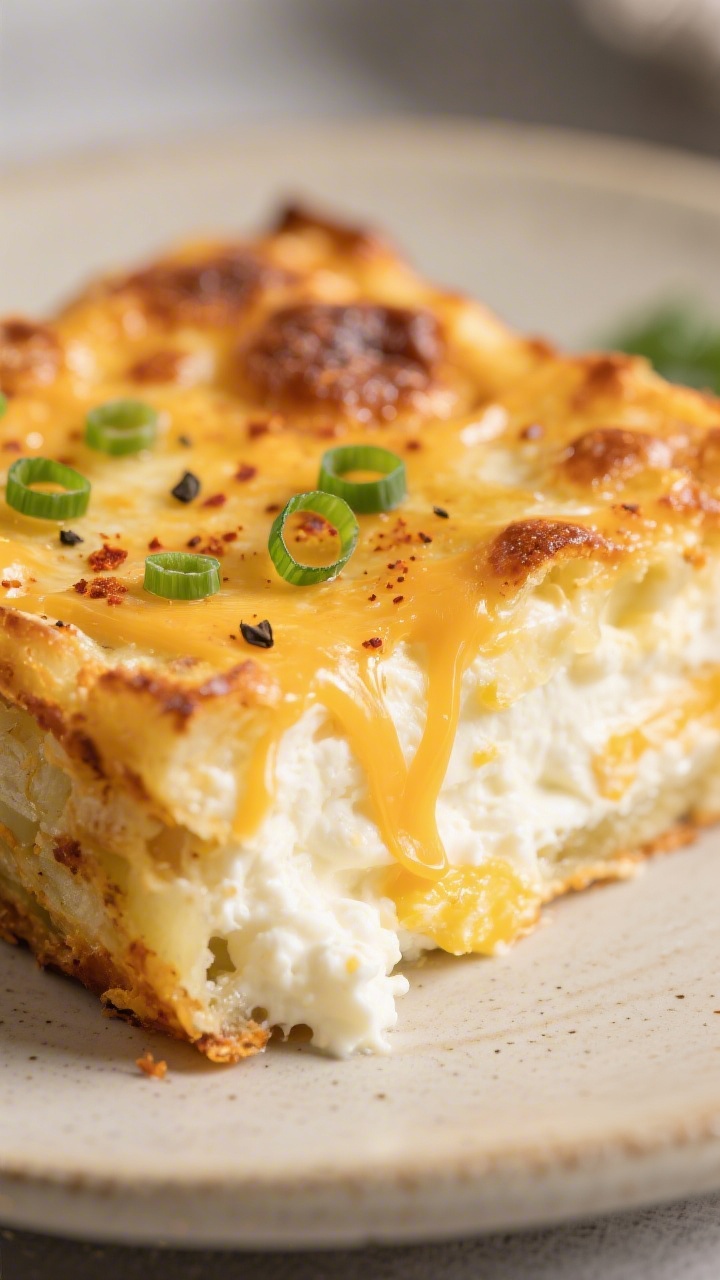 Close-up detail: Macro shot of a sliced square of high-protein cottage cheese hashbrown casserole, s