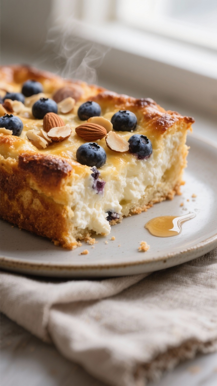 Close-up detail shot of a freshly baked blueberry cottage cheese breakfast bake slice just out of th