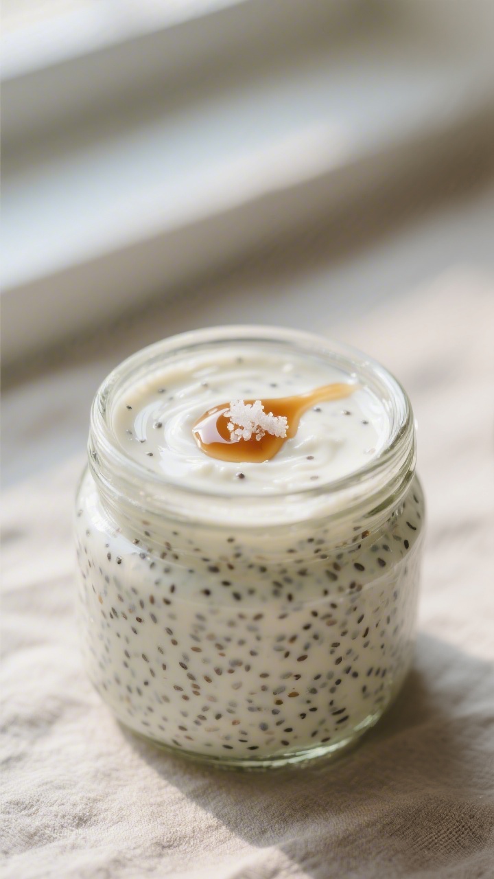 Close-up detail: Silky blended cottage cheese chia pudding mid-set in a glass jar after the second s
