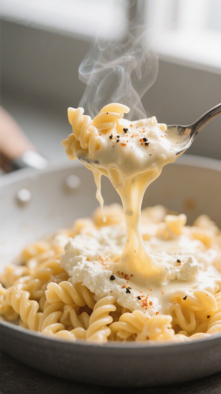 Close-up detail: Silky, glossy cottage-cheese mac and cheese sauce clinging to cavatappi, the cheese