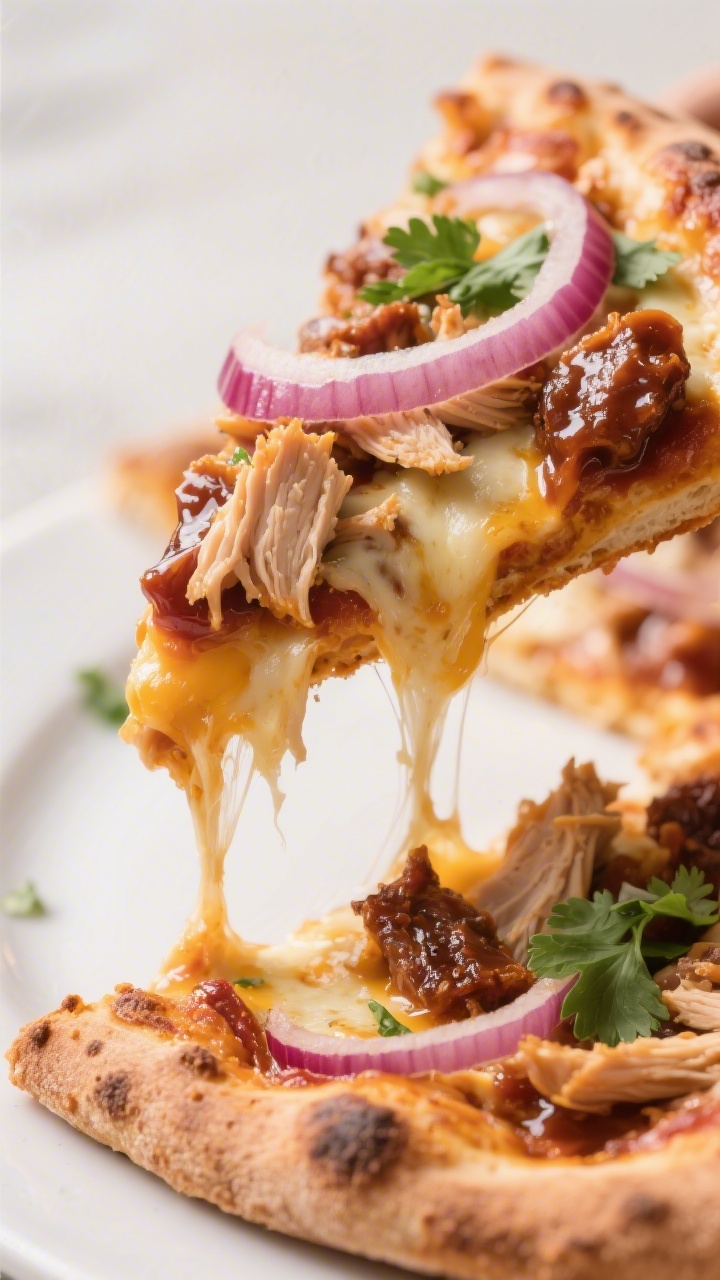 Close-up detail: Slice lift of BBQ Chicken variation, stretchy melted smoked gouda and mozzarella pu