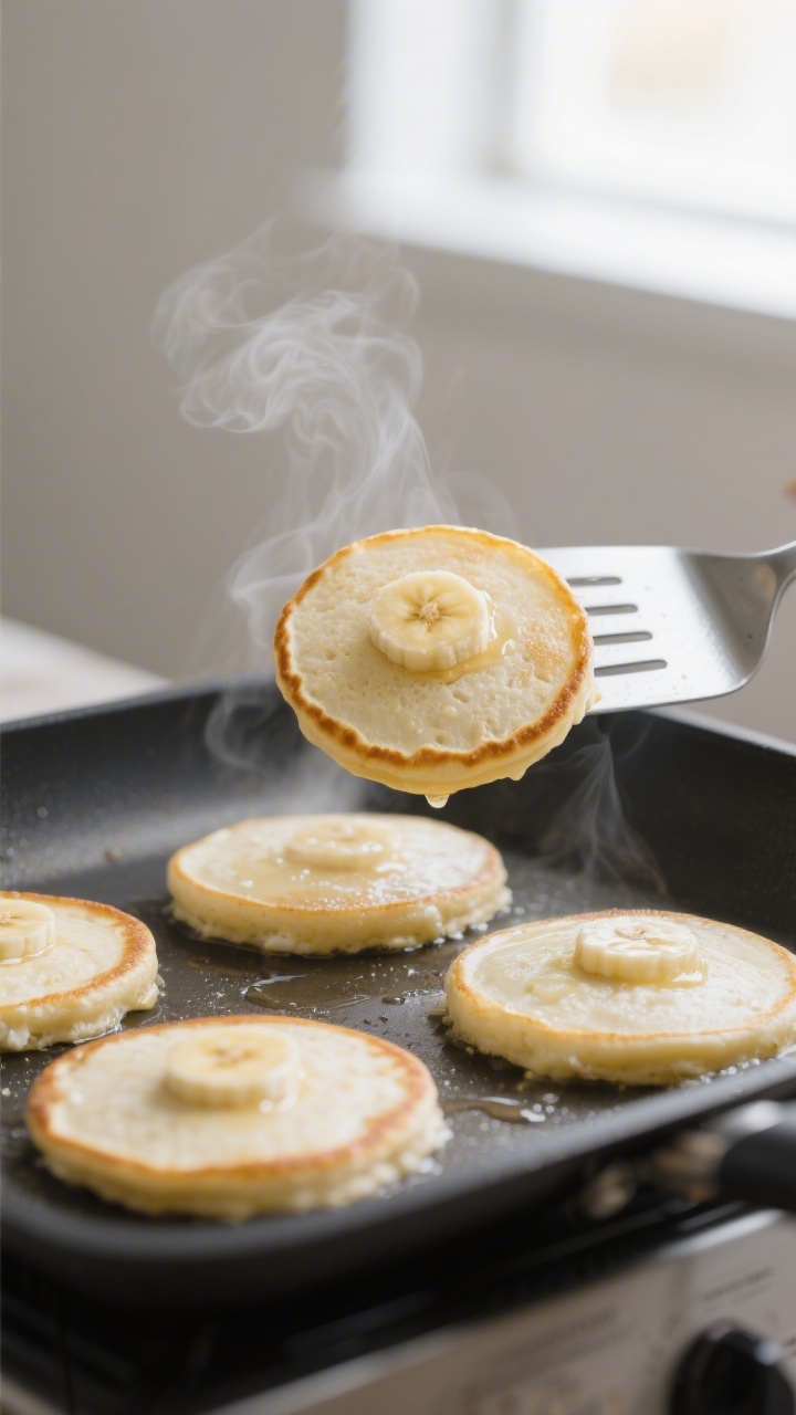 Cooking process: Banana cottage cheese pancakes on a nonstick griddle over medium heat, 1/4-cup roun