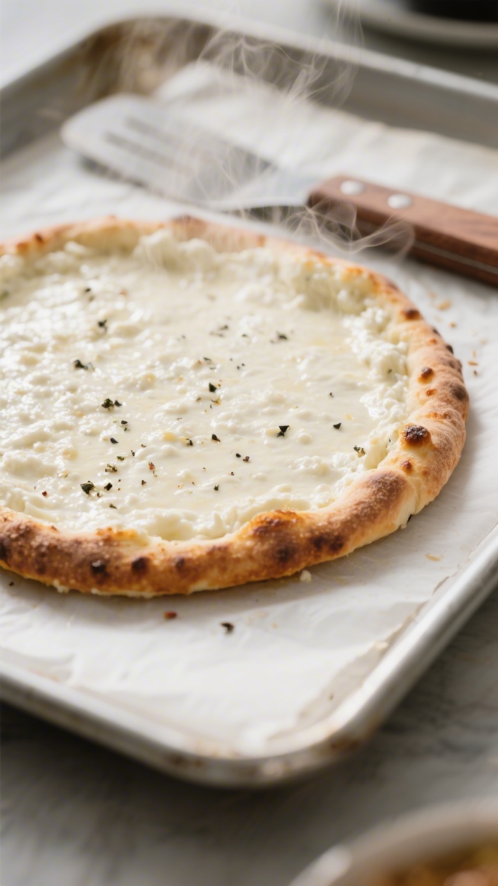 Cooking process close-up: Par-baked cottage cheese pizza crust just flipped onto fresh oiled parchme