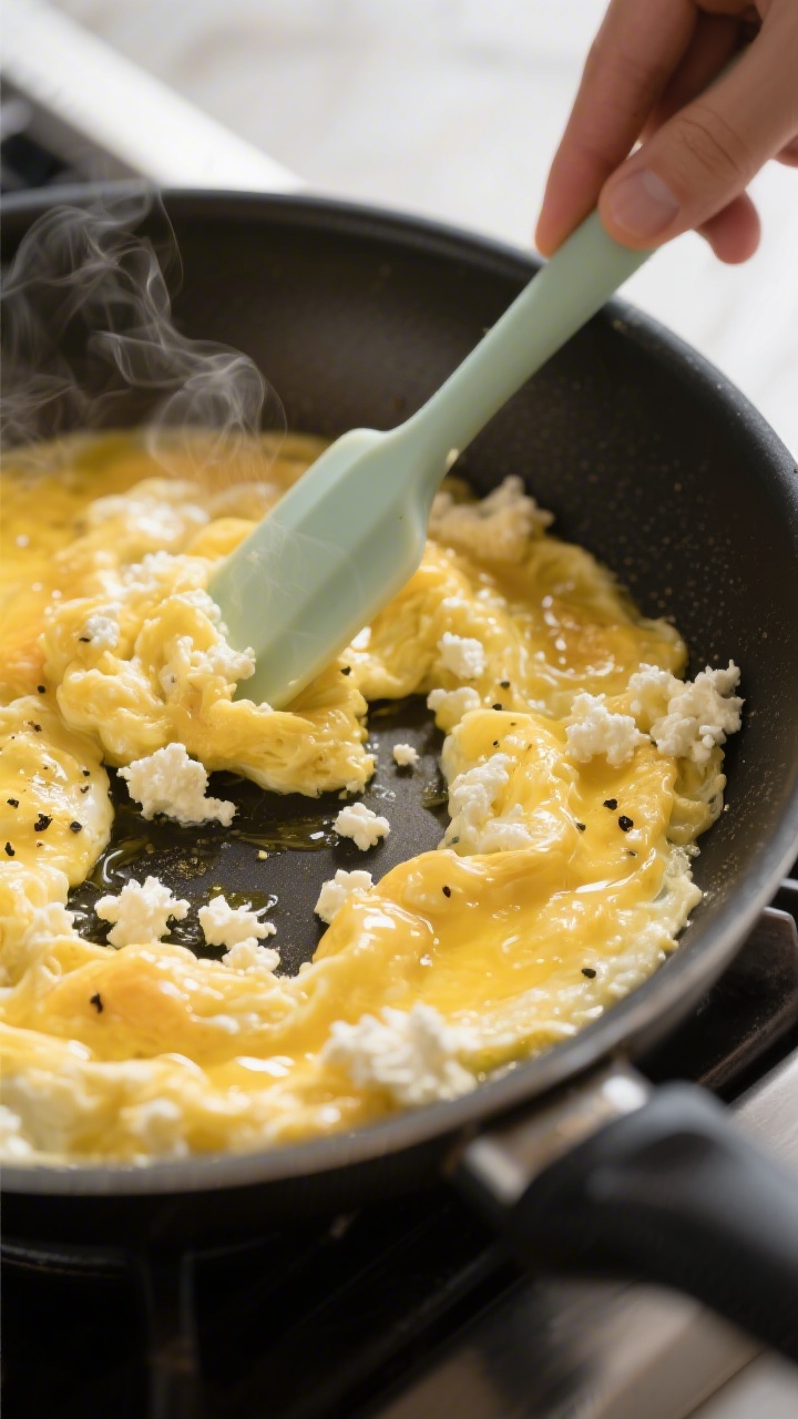 Cooking process — cottage cheese scrambled eggs forming soft folds: Nonstick skillet over low heat