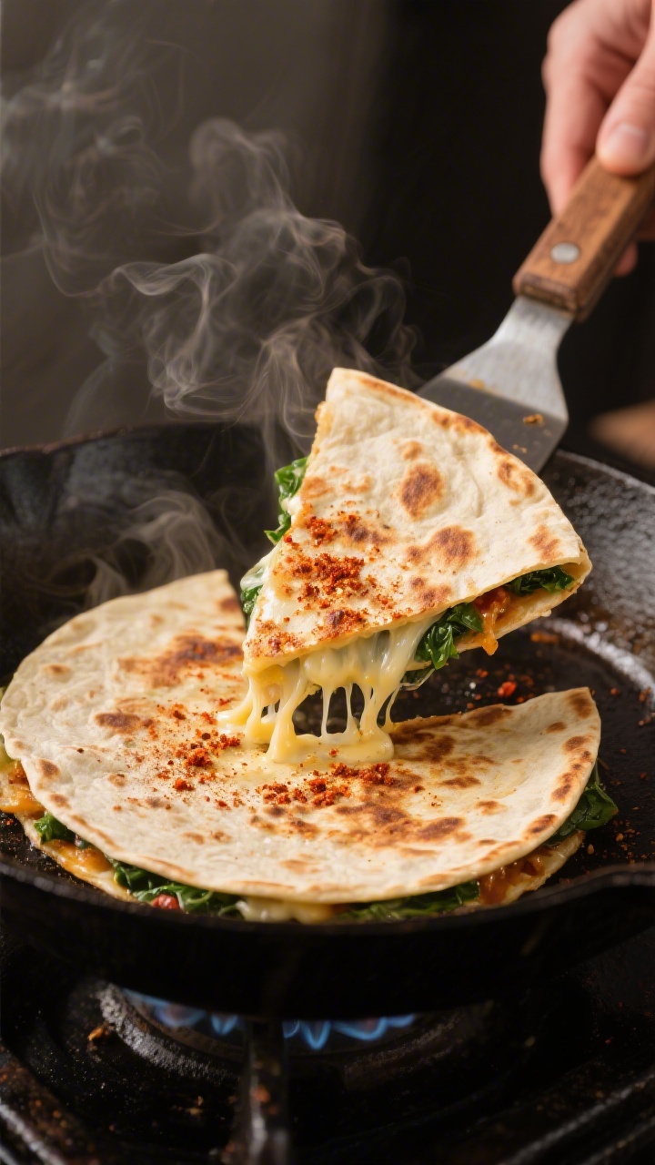 Cooking process: Mid-flip action shot of the quesadilla in a well-seasoned cast-iron pan over medium