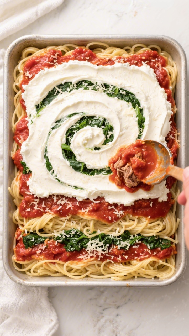 Cooking process: Overhead shot of layered assembly in a 9x13 pan mid-build—noodles laid flat, a sm