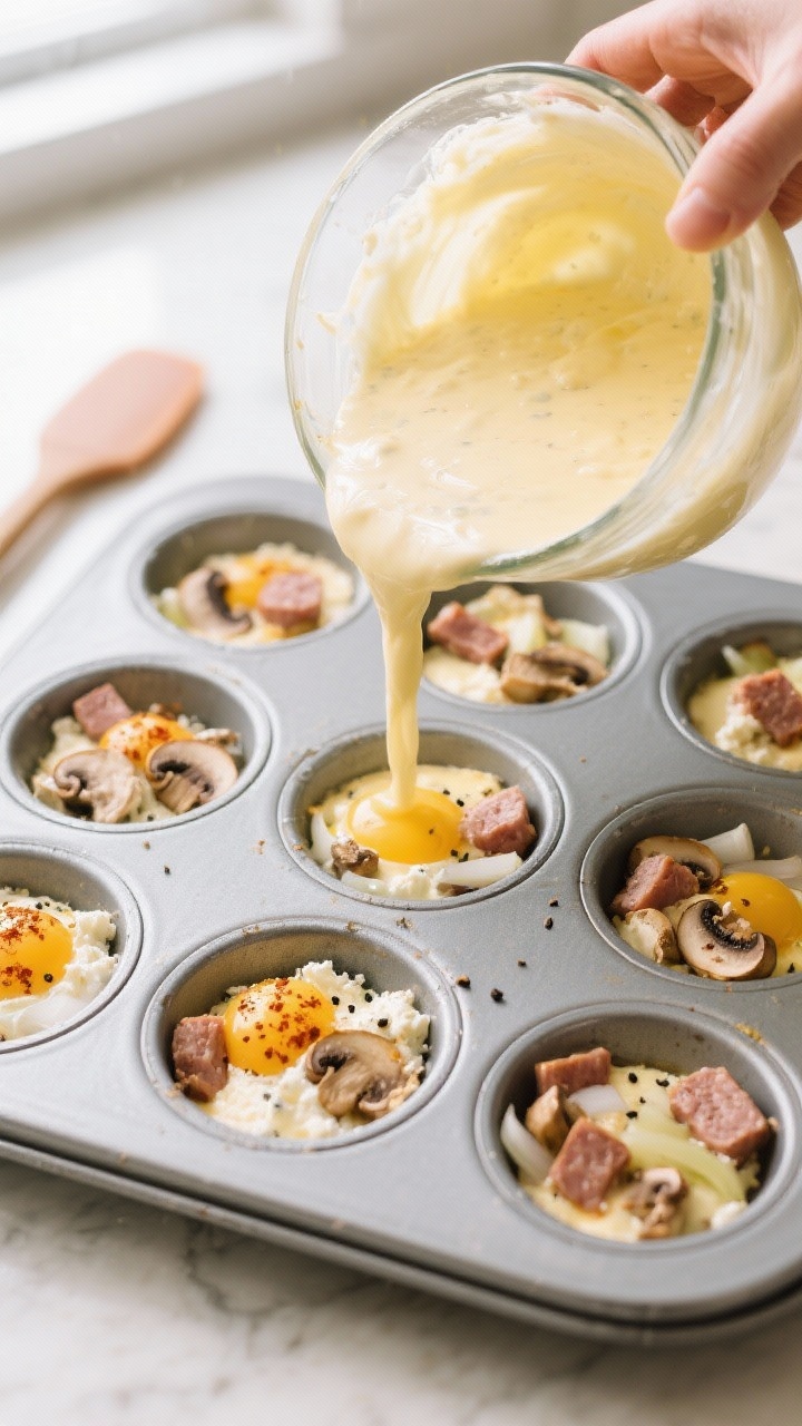 Cooking process: Overhead shot of the blended egg-cottage cheese batter being poured into a well-gre