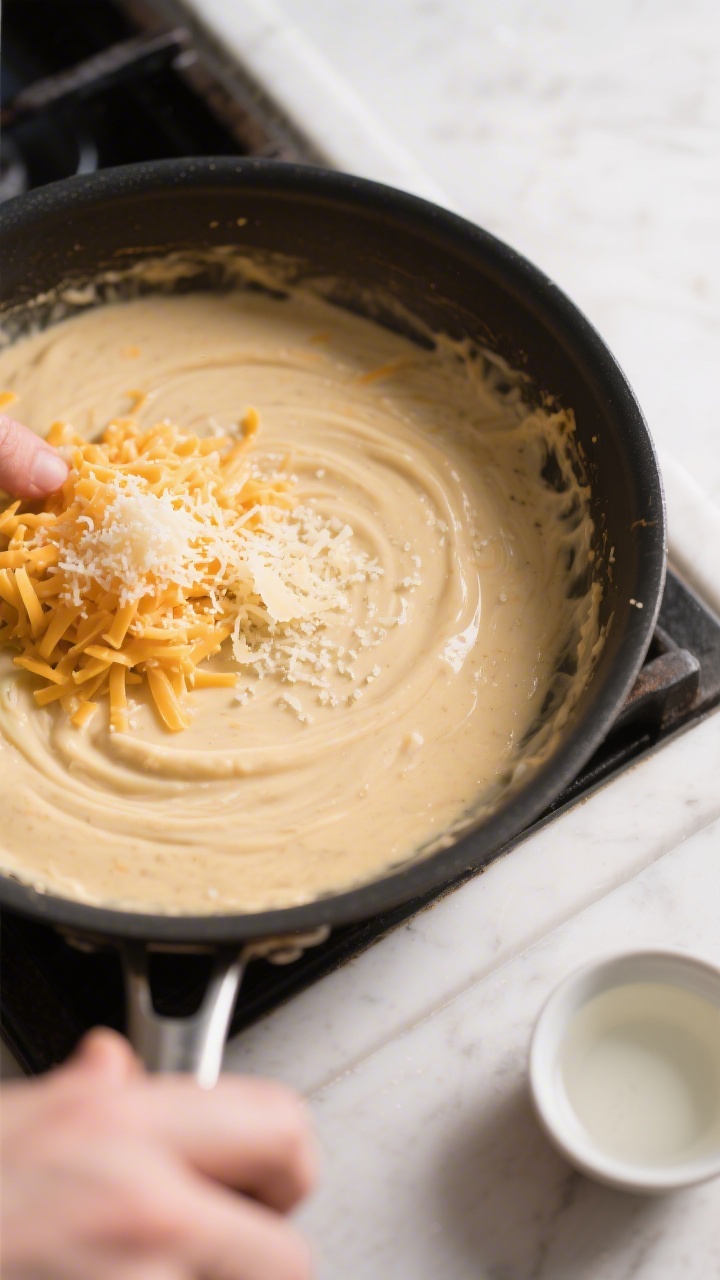 Cooking process: Overhead shot of the blended, velvety sauce in a wide skillet over low heat as shre