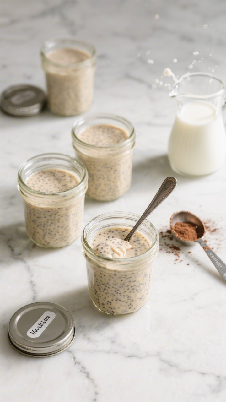 Cooking process: Overhead shot of the pudding mixture being portioned for meal prep—four small gla