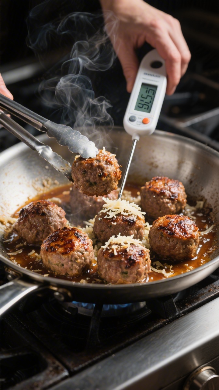 Cooking process: Pan-seared meatballs in a stainless skillet mid-turn with tongs out of frame (no ha