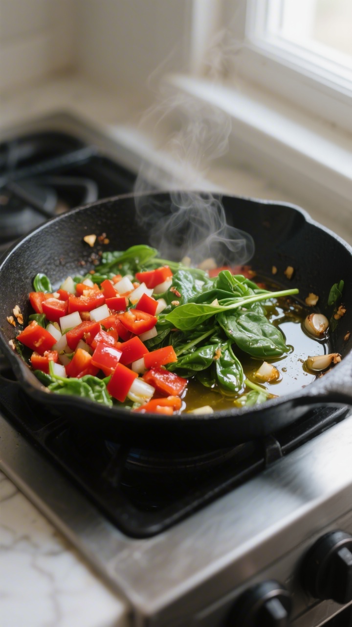 Cooking process — Sautéed veggie base in skillet: Medium-close shot of a 10-inch oven-safe skille