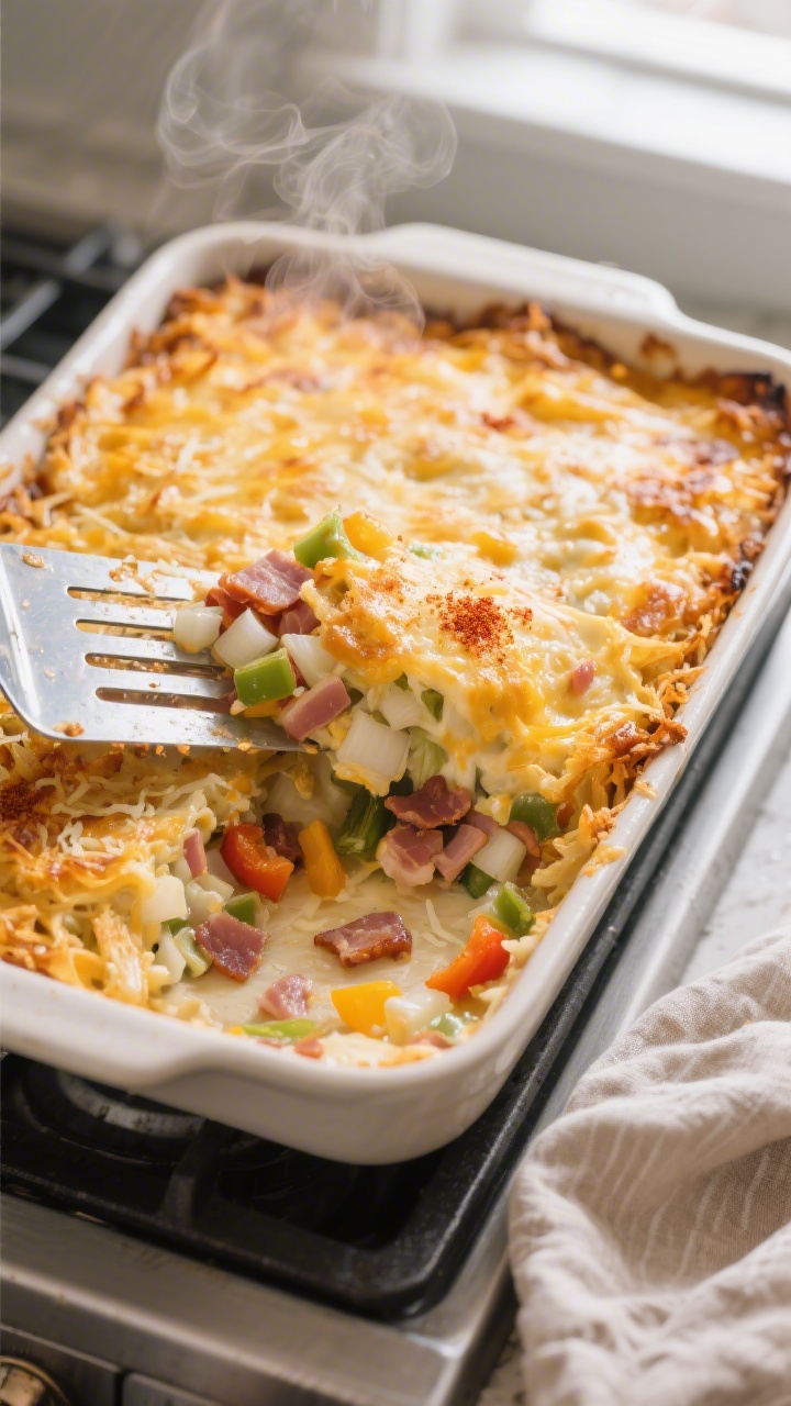 Cooking process shot: Golden-edged hashbrown casserole just out of the oven in a 9x13 baking dish, t