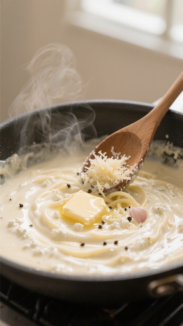 Cooking process — silky sauce coming together: Close-up of a skillet over low heat with glossy, bl