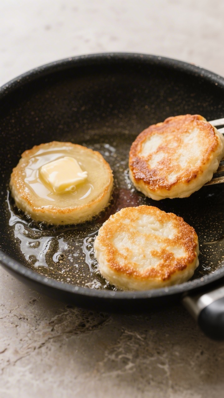 Cooking process: Syrniki gently frying in a nonstick skillet over medium heat—three thick, evenly