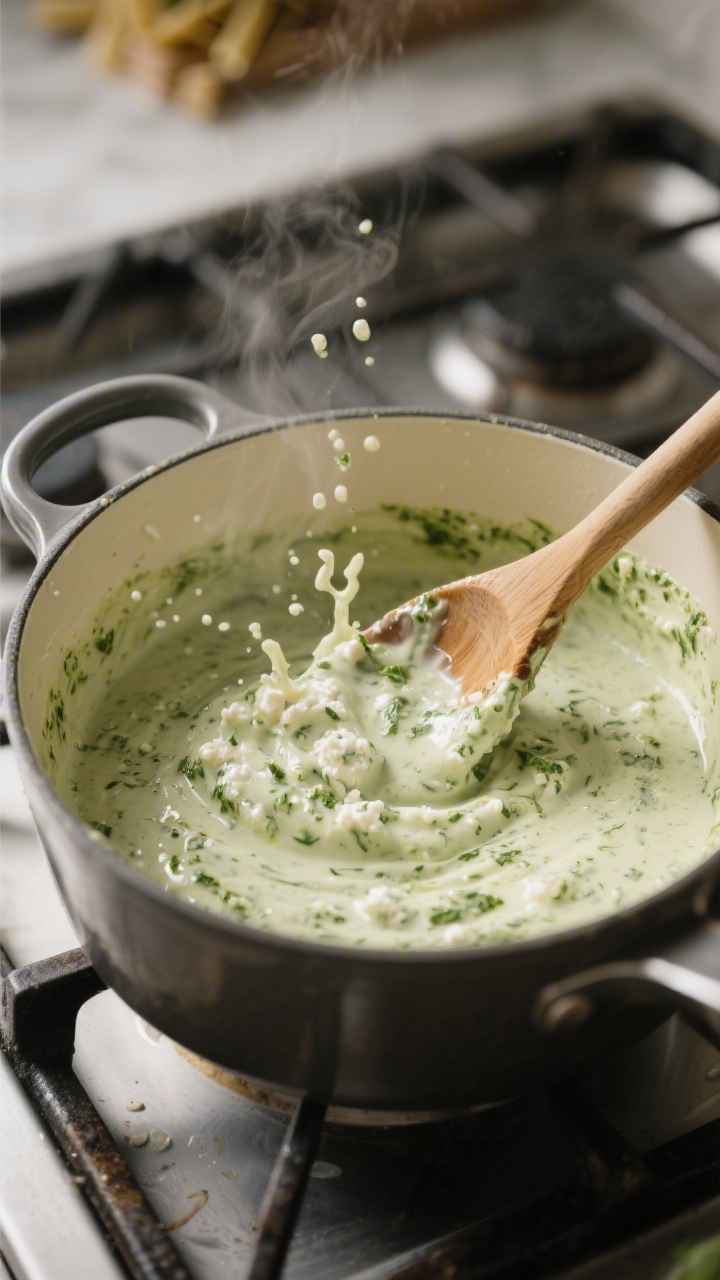 Cooking process: The blended cottage cheese–pesto sauce being gently warmed in a pot and emulsifie