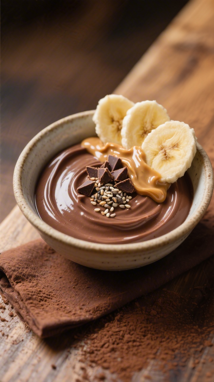Final dish: Chocolate Peanut Butter variation plated in a low ceramic bowl—rich mocha-tinted puddi