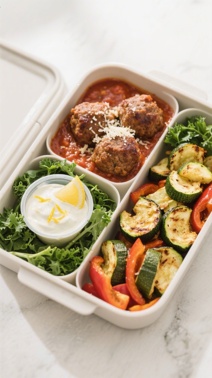 Final dish, meal-prep style: Neat bento-style container with roasted vegetables and greens—two com