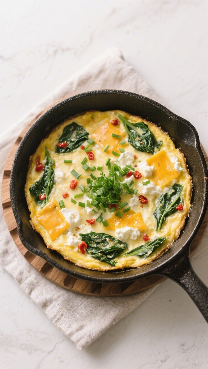 Final dish — Oven-finished frittata in skillet, garnished: Top-down “tasty top view” of the ba