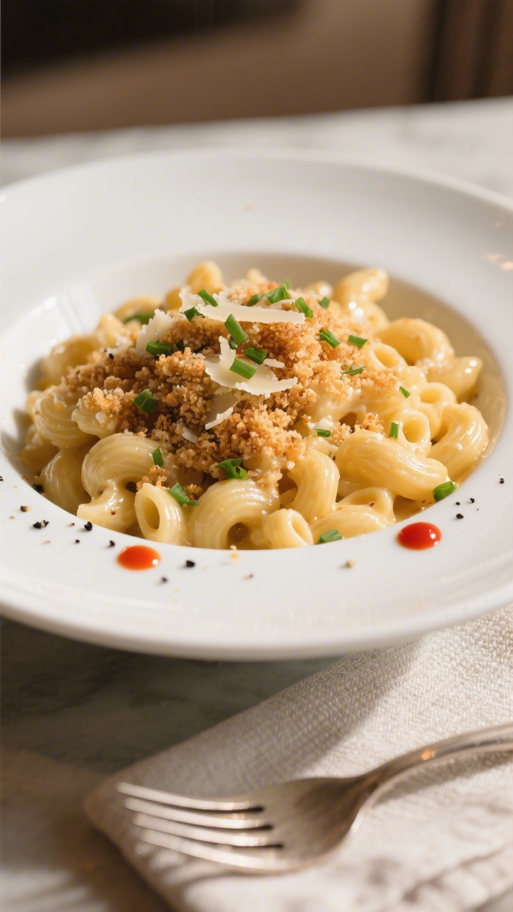 Final dish presentation: Beautifully plated High-Protein Cottage Cheese Mac & Cheese in a wide, shal