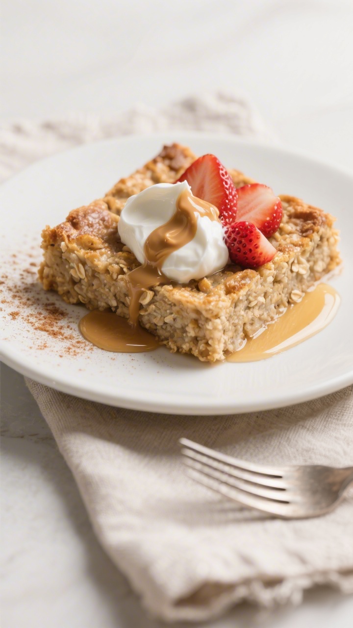Final dish presentation: Beautifully plated square of baked oatmeal on a matte white plate, topped w