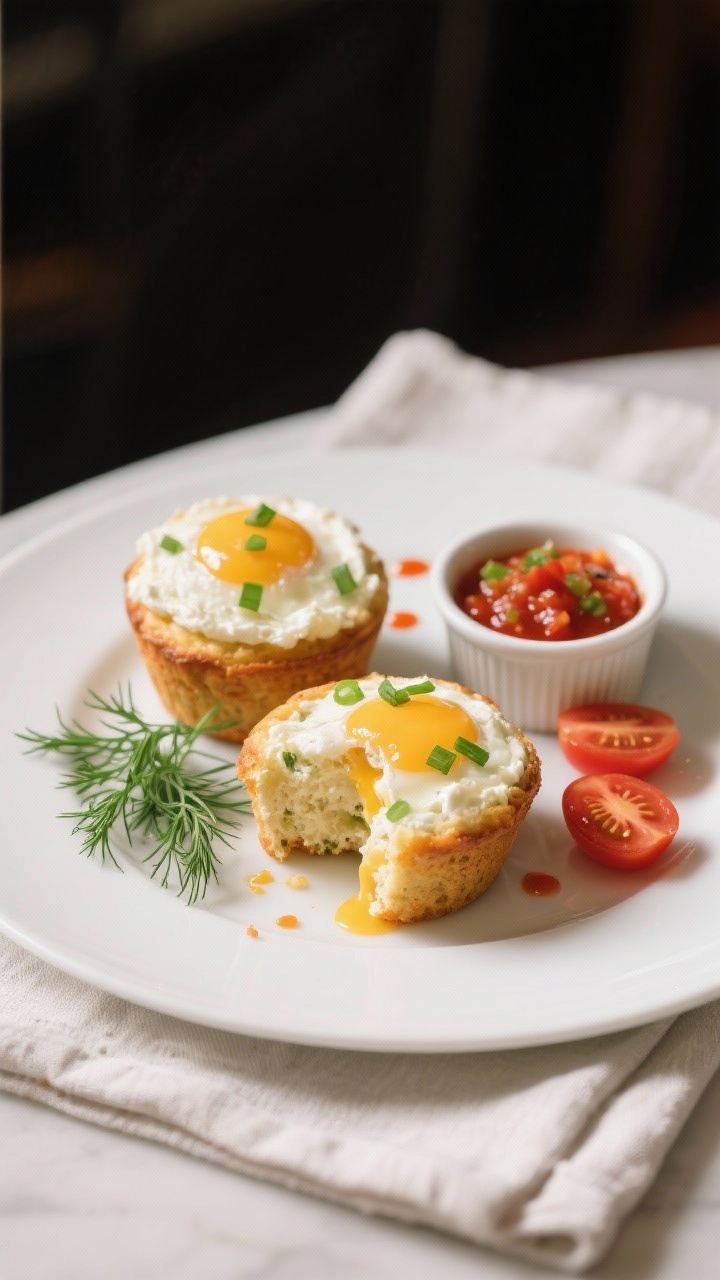 Final dish presentation: Restaurant-quality plated breakfast of two egg & cottage cheese muffins on