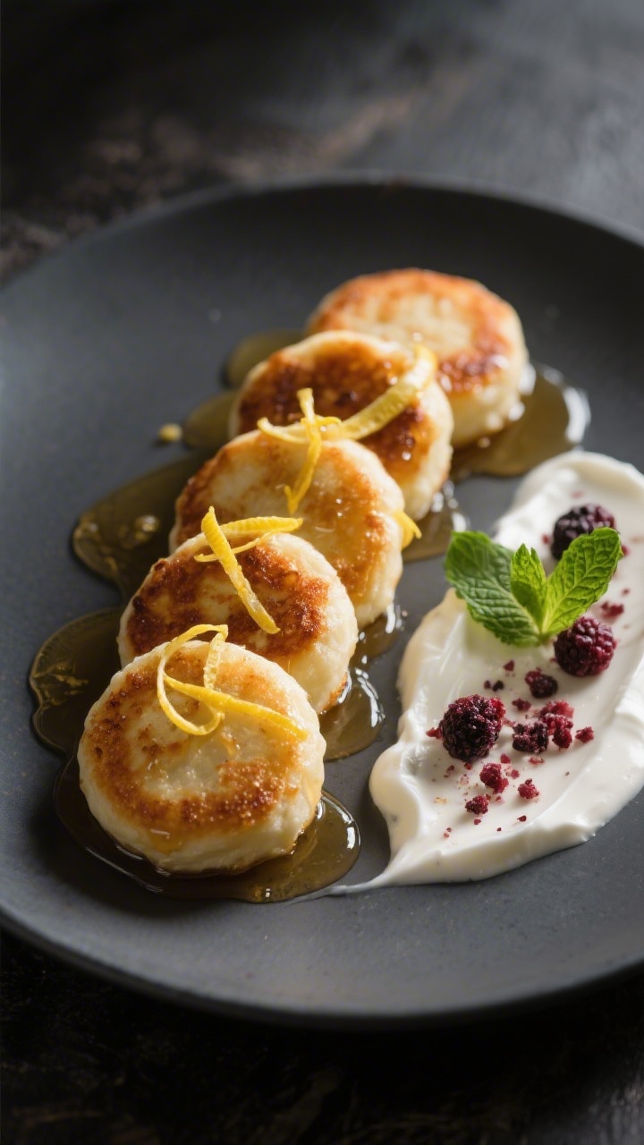 Final dish presentation: Restaurant-quality plating of syrniki arranged in a neat row on a matte cha