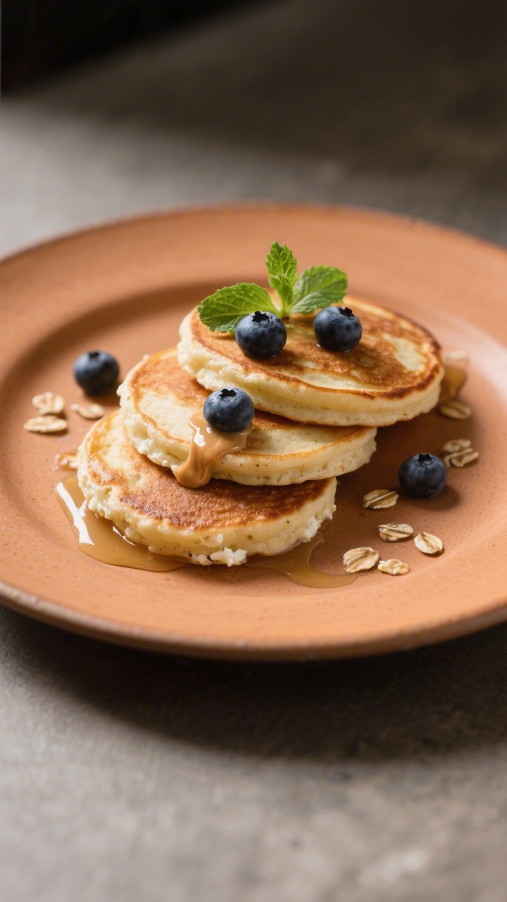 Final dish presentation: Restaurant-quality single-serve portion of banana cottage cheese pancakes,