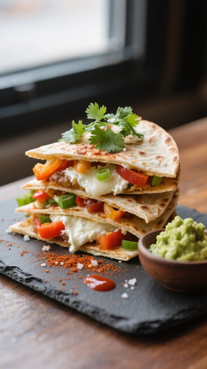 Final plated beauty: Restaurant-quality presentation of stacked quesadilla wedges on a slate board,