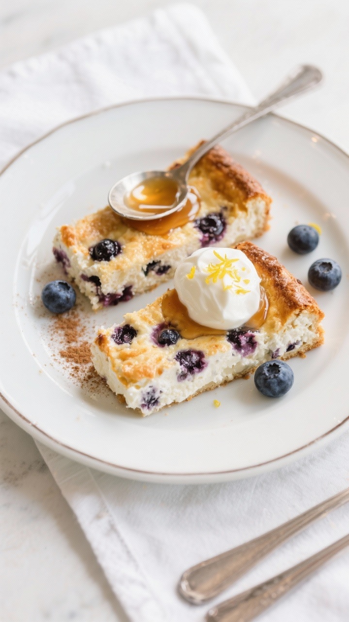 Final plated breakfast scene: two neat slices of the blueberry cottage cheese bake on a white rimmed