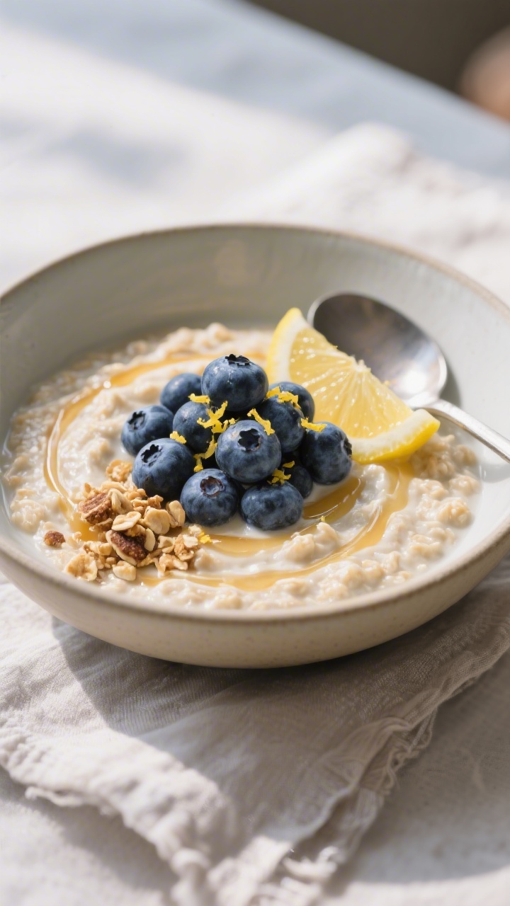 Final plated dish: Restaurant-quality presentation of Lemon Blueberry overnight protein oats in a sh