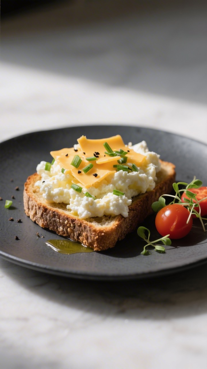 Final plated dish — toast presentation, : Beautifully plated cottage cheese scrambled eggs piled s