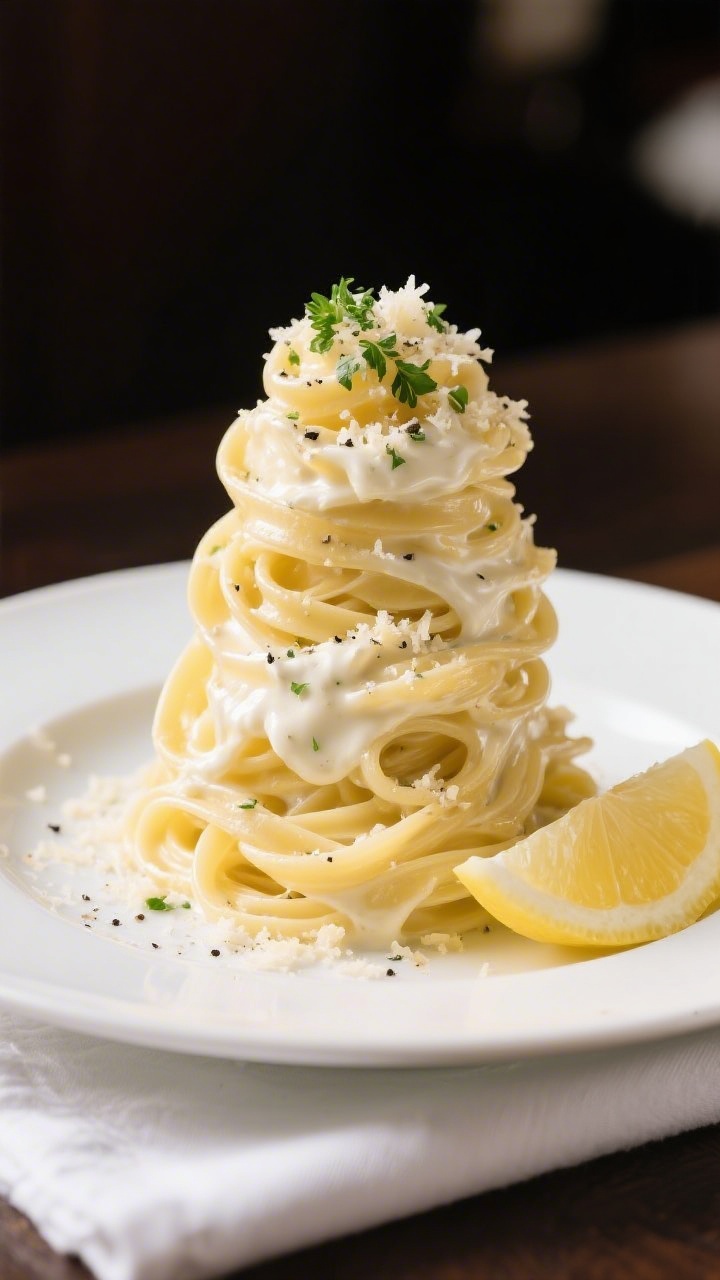 Final plated pasta — restaurant style: Beautifully plated fettuccine Alfredo twirled into a tall n