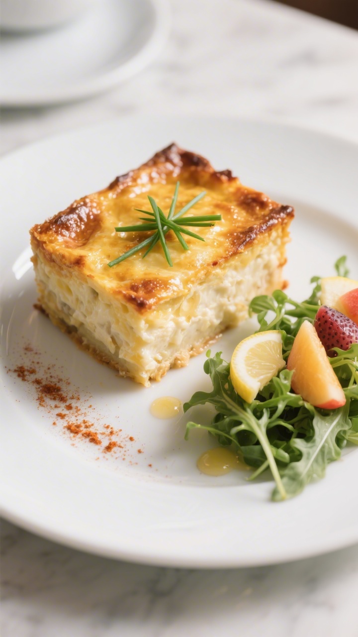 Final plated presentation: Restaurant-quality plating of a generous square of the casserole on a mat