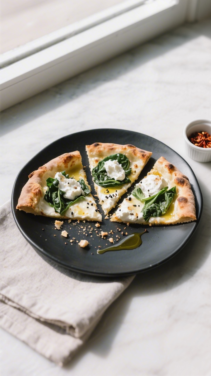 Final plated presentation: White Pizza variation on a matte black plate, three neatly fanned slices.