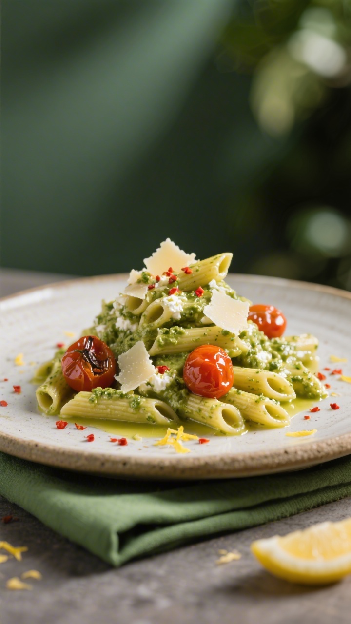 Final presentation: Restaurant-quality plated penne coated in ultra-smooth pesto-cottage cheese sauc