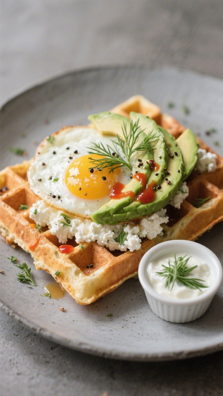 Final savory presentation: Beautifully plated savory herb cottage cheese waffle topped with a sunny-