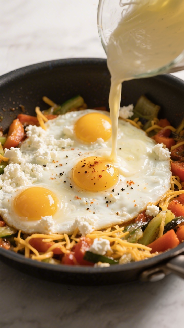 Pour-and-set moment — Eggs + cottage cheese mixture meeting the pan: Overhead action shot of the c