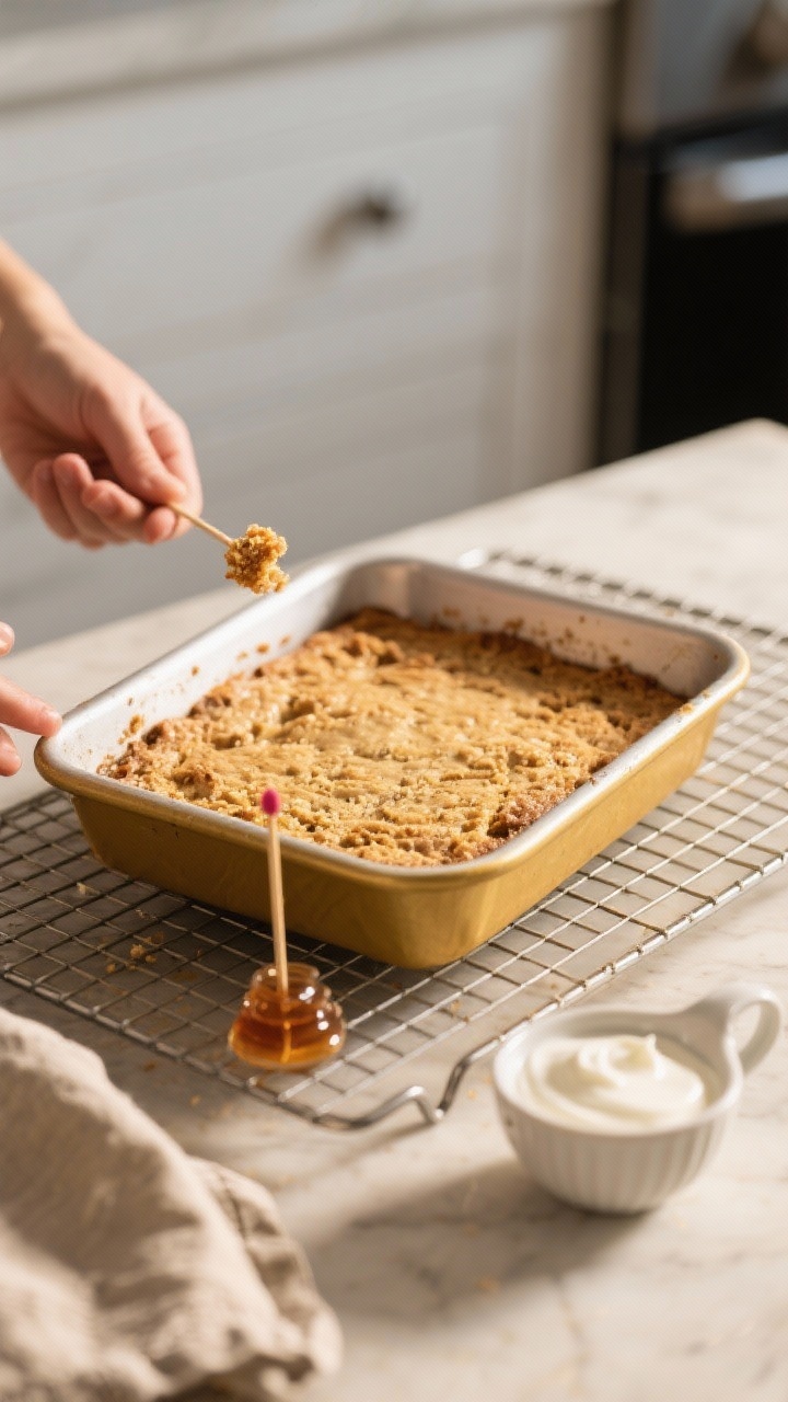 Process shot of the bake resting on a cooling rack post-oven: pan on a wire rack with lightly golden