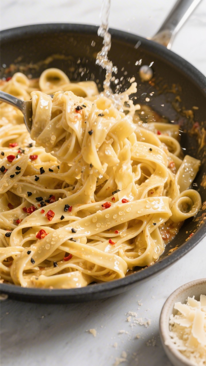 Tasty top view — family-style toss: Overhead shot of a large sauté pan filled with just-cooked fe