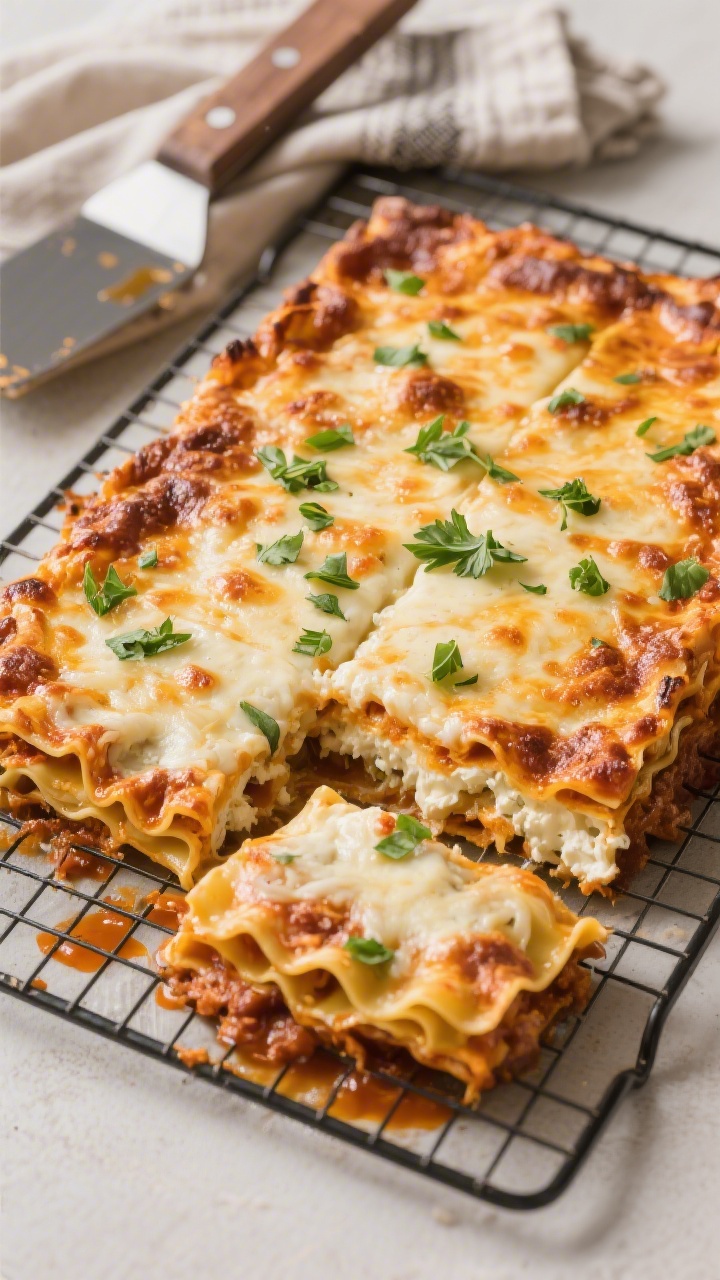 Tasty top view: Final baked high-protein cottage cheese lasagna resting on a cooling rack, top evenl