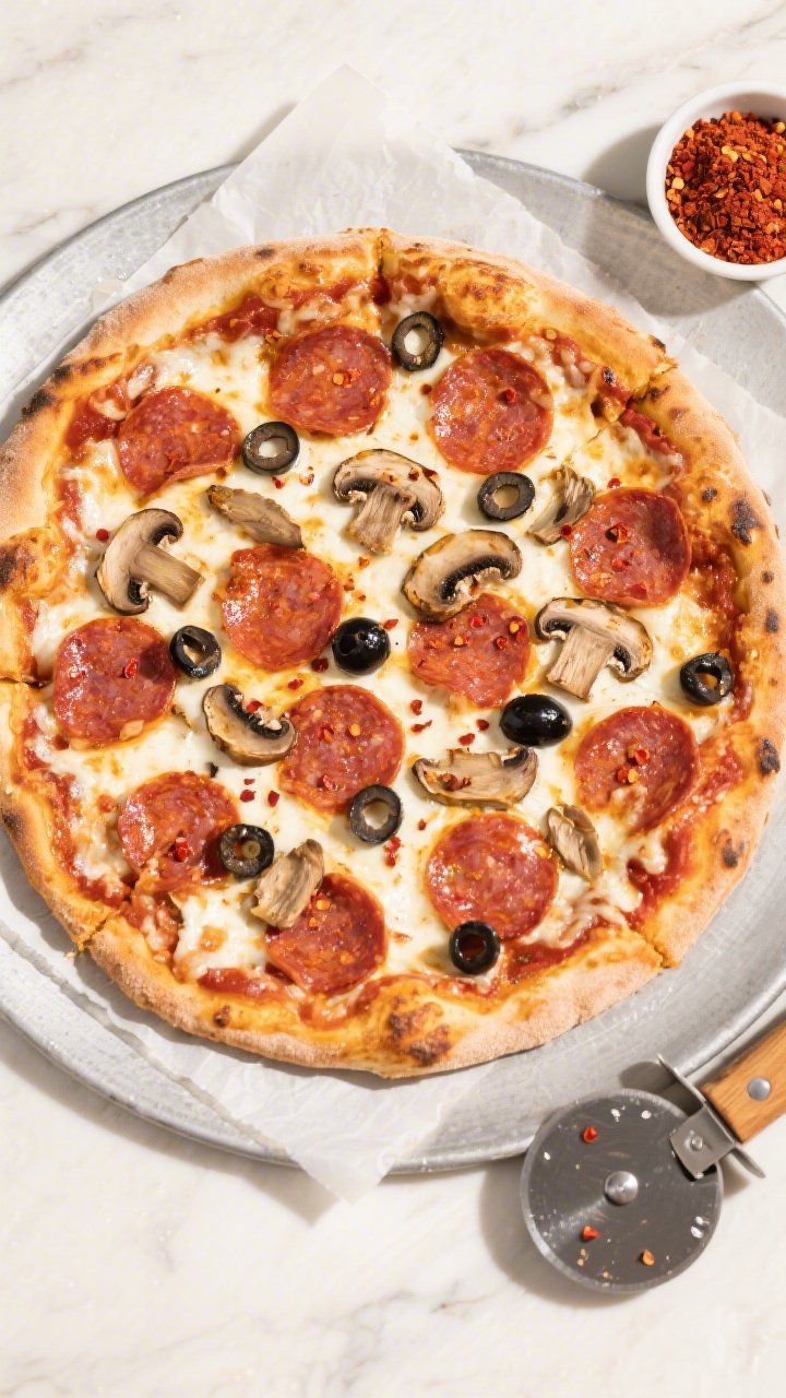 Tasty top view: Finished Pepperoni Deluxe on the cottage cheese crust, overhead shot showing thin, e