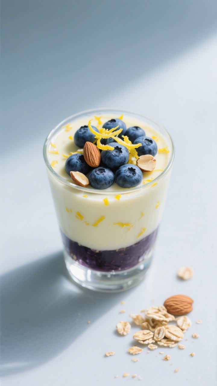 Tasty top view: Lemon Blueberry version in a clear tumbler layered for contrast—pale, velvety pudd