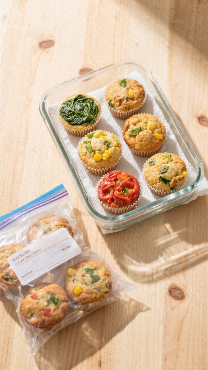 Tasty top view: Meal-prep scene with a neat grid of six cooled muffins in a glass airtight container